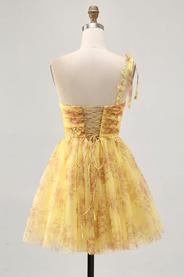Yellow One Shoulder Sequins Printed A Line Homecoming Dress